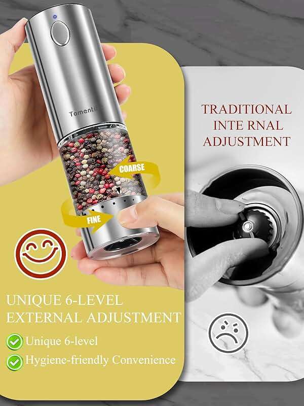 Electric Salt and Pepper Grinder Set with Rechargeable Base - Upgraded Large Capacity, Refillable Pepper Mill Set with LED Light & Adjustable Coarseness, Ideal for Kitchen, Outdoor (Light Silver) - Image 6