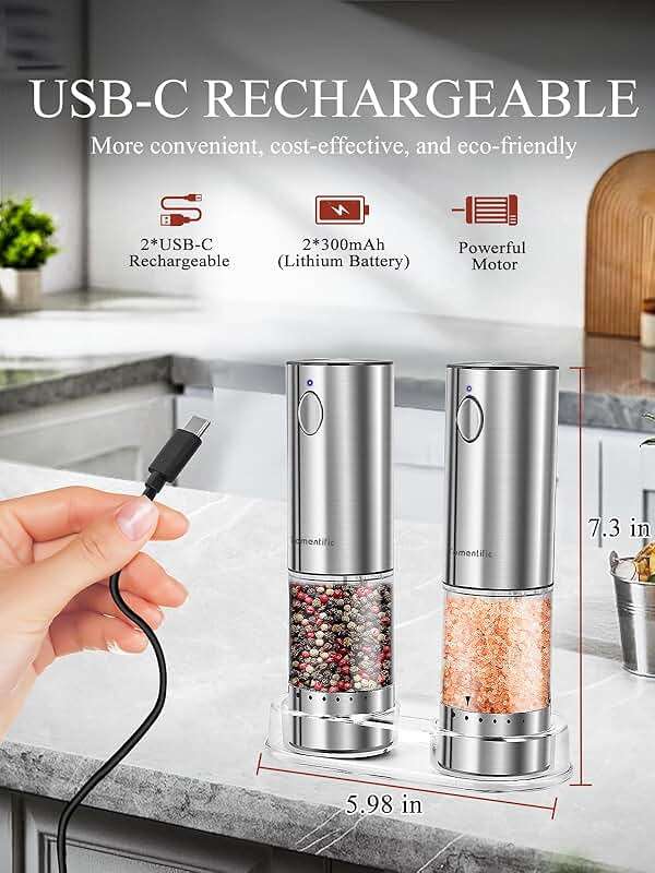 Electric Salt and Pepper Grinder Set with Rechargeable Base - Upgraded Large Capacity, Refillable Pepper Mill Set with LED Light & Adjustable Coarseness, Ideal for Kitchen, Outdoor (Light Silver) - Image 7