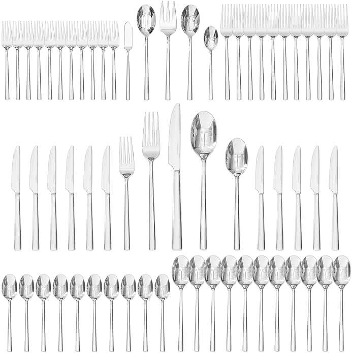KINGSTONE 65-Piece Silverware Set with Serving Utensils, Forged Flatware Set Cutlery Set Premium Stainless Steel, Service for 12, for Home, Wedding, Party, Mirror Polished and Dishwasher Safe - Image 1