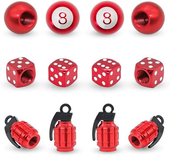 12PCS Red Tire Valve Stem Caps, Dice 8 Ball Grenade Style Universal Aluminum Dustproof Tire Valve Stem Covers for Cars, Suvs, Trucks, Bikes, Motorcycles, Bicycles - Image 1