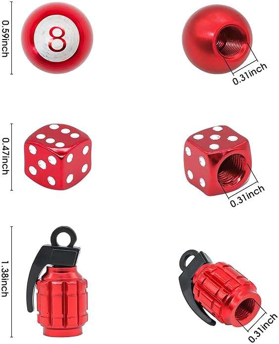 12PCS Red Tire Valve Stem Caps, Dice 8 Ball Grenade Style Universal Aluminum Dustproof Tire Valve Stem Covers for Cars, Suvs, Trucks, Bikes, Motorcycles, Bicycles - Image 2