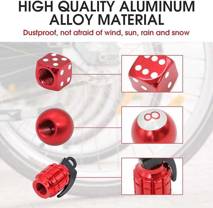 12PCS Red Tire Valve Stem Caps, Dice 8 Ball Grenade Style Universal Aluminum Dustproof Tire Valve Stem Covers for Cars, Suvs, Trucks, Bikes, Motorcycles, Bicycles - Image 3