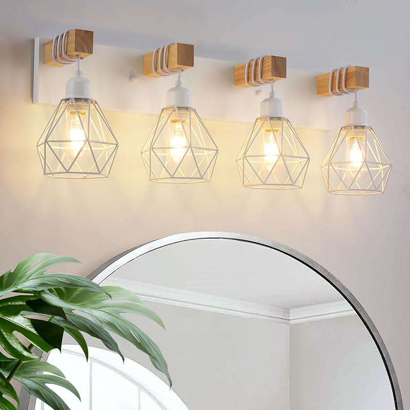 Farmhouse Vanity Light for Bathroom, 4-Light White Wood Bathroom Vanity Light Fixtures Over Mirror, Rustic Sconces Wall Lighting with Metal Lampshade for Living Room, Bedroom, Hallway - Image 1