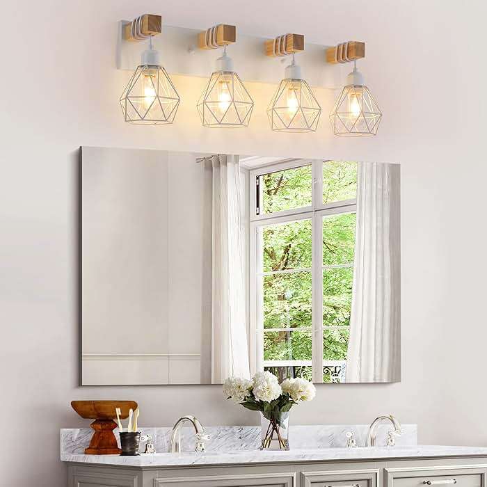 Farmhouse Vanity Light for Bathroom, 4-Light White Wood Bathroom Vanity Light Fixtures Over Mirror, Rustic Sconces Wall Lighting with Metal Lampshade for Living Room, Bedroom, Hallway - Image 2