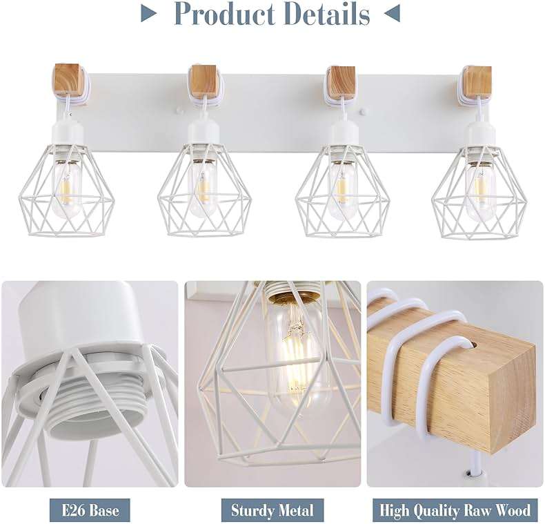 Farmhouse Vanity Light for Bathroom, 4-Light White Wood Bathroom Vanity Light Fixtures Over Mirror, Rustic Sconces Wall Lighting with Metal Lampshade for Living Room, Bedroom, Hallway - Image 3