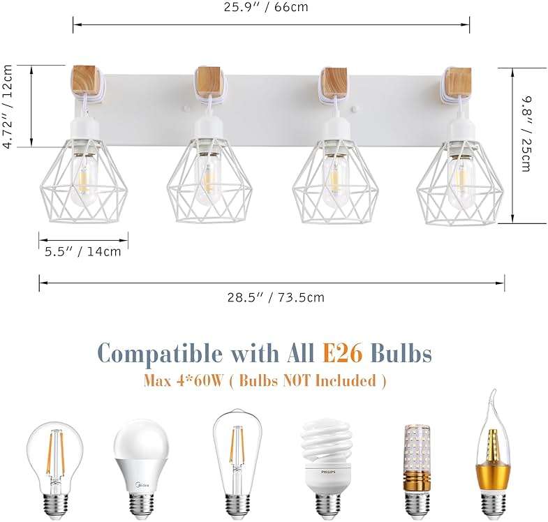 Farmhouse Vanity Light for Bathroom, 4-Light White Wood Bathroom Vanity Light Fixtures Over Mirror, Rustic Sconces Wall Lighting with Metal Lampshade for Living Room, Bedroom, Hallway - Image 4