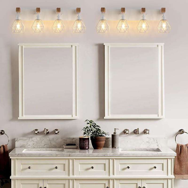 Farmhouse Vanity Light for Bathroom, 4-Light White Wood Bathroom Vanity Light Fixtures Over Mirror, Rustic Sconces Wall Lighting with Metal Lampshade for Living Room, Bedroom, Hallway - Image 5