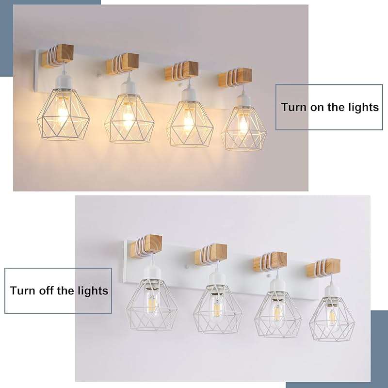 Farmhouse Vanity Light for Bathroom, 4-Light White Wood Bathroom Vanity Light Fixtures Over Mirror, Rustic Sconces Wall Lighting with Metal Lampshade for Living Room, Bedroom, Hallway - Image 6