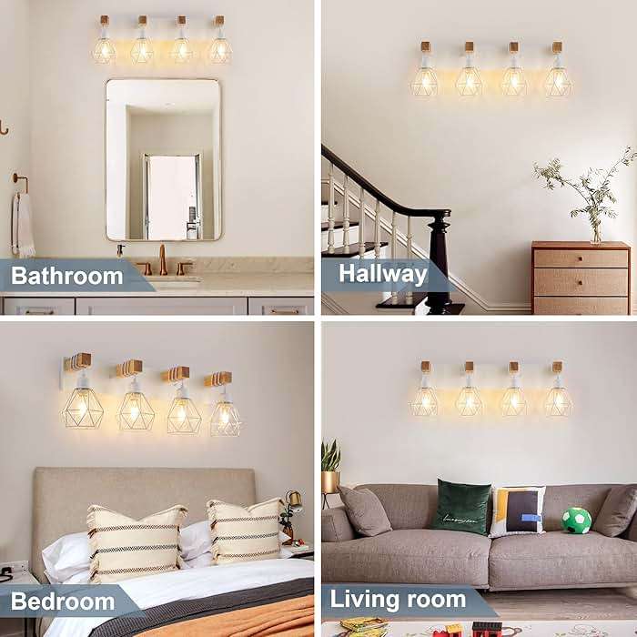 Farmhouse Vanity Light for Bathroom, 4-Light White Wood Bathroom Vanity Light Fixtures Over Mirror, Rustic Sconces Wall Lighting with Metal Lampshade for Living Room, Bedroom, Hallway - Image 7