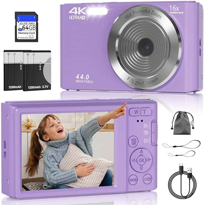 Digital Camera, FHD 4K Compact Cameras with 64GB SD Card 2 Batteries, Portable Travel Digital Camera with 16X Autofocus Digital Zoom Small Camera for Teens Kids Boys Girls, Dark Purple - Image 1