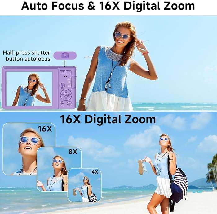 Digital Camera, FHD 4K Compact Cameras with 64GB SD Card 2 Batteries, Portable Travel Digital Camera with 16X Autofocus Digital Zoom Small Camera for Teens Kids Boys Girls, Dark Purple - Image 5