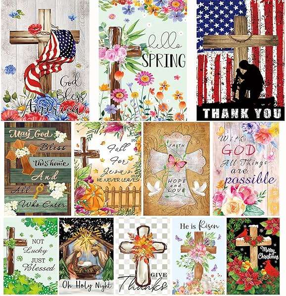 Christian Seasonal Garden Flags Set of 12 Double Sided 12 x 18 Inch Cross Yard Flags, Small Flags for Outside, Fall Winter Easter Christmas Outdoor Flags, Holiday Garden Flags for All Seasons ﻿ - Image 1