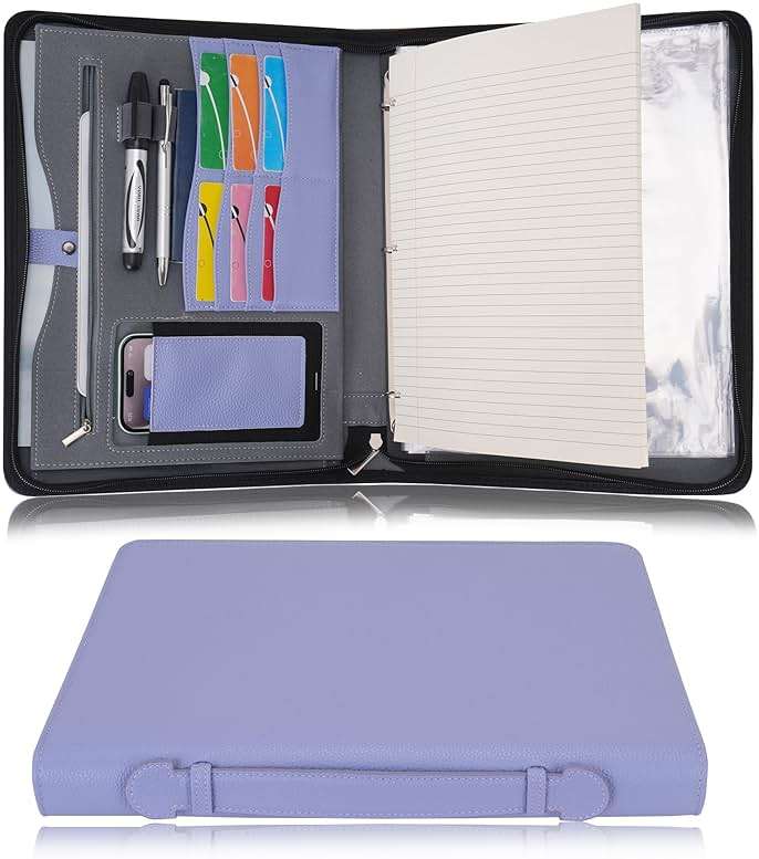 Wonderpool Travel Zippered Portfolio 3 Ring Binder A4 Padfolio Document Case with Removable Clipboard Legal Pad Holder, Business Office School Organizer for Men and Women (Purple) - Image 1
