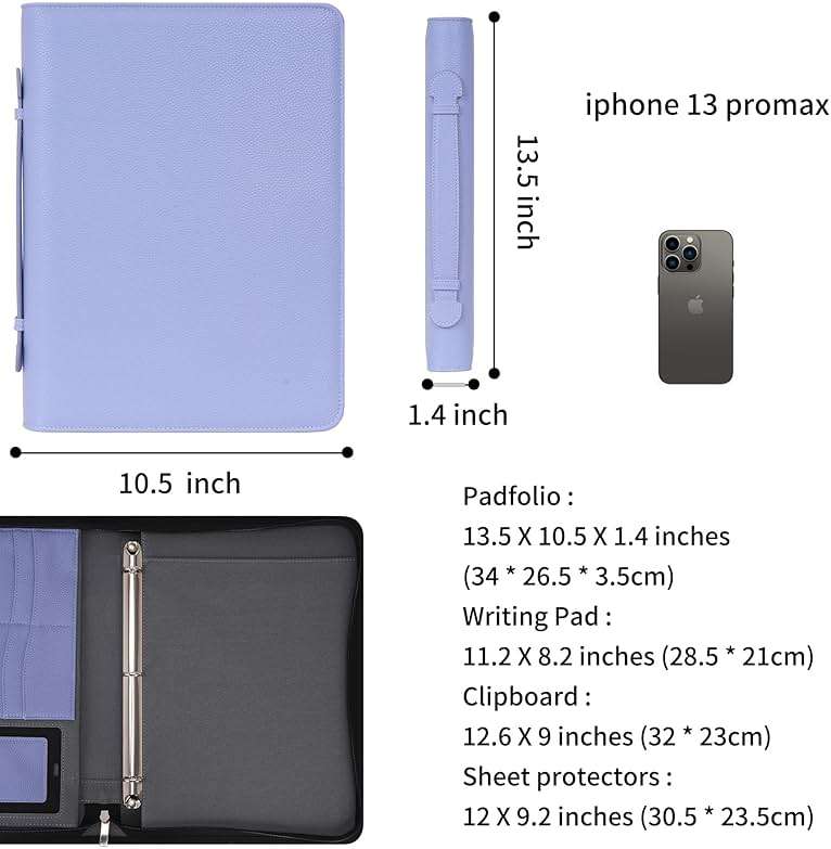 Wonderpool Travel Zippered Portfolio 3 Ring Binder A4 Padfolio Document Case with Removable Clipboard Legal Pad Holder, Business Office School Organizer for Men and Women (Purple) - Image 3