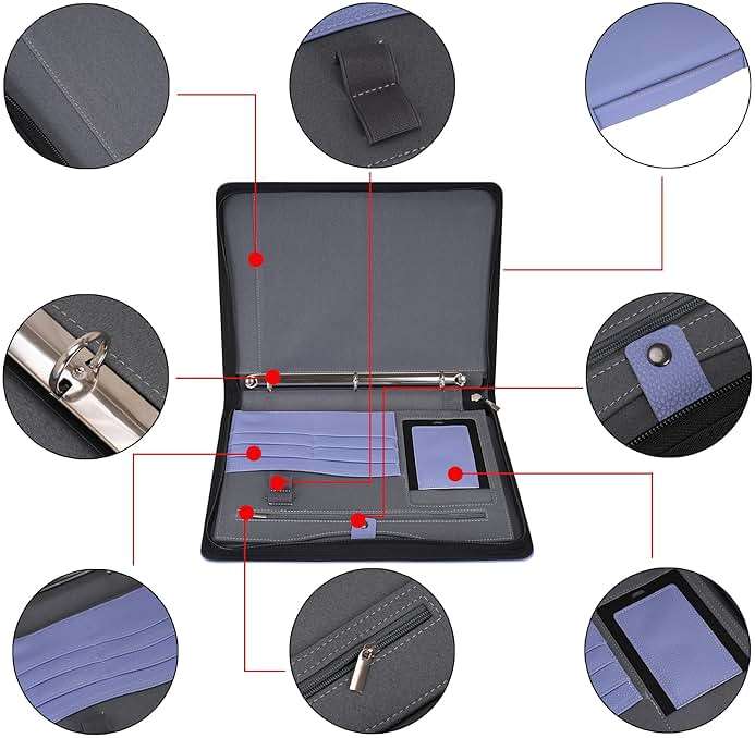 Wonderpool Travel Zippered Portfolio 3 Ring Binder A4 Padfolio Document Case with Removable Clipboard Legal Pad Holder, Business Office School Organizer for Men and Women (Purple) - Image 4