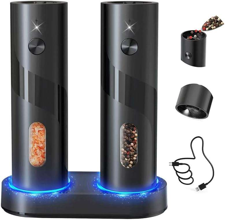 CIRCLE JOY Electric Rechargeable Salt and Pepper Grinder Set Top-Refill Automatic Pepper Mill Grinder with Charging Base, Adjustable Coarseness, Easy Filling Larger Capacity with Led for Home Kitchen - Image 1