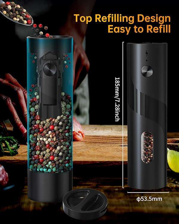 CIRCLE JOY Electric Rechargeable Salt and Pepper Grinder Set Top-Refill Automatic Pepper Mill Grinder with Charging Base, Adjustable Coarseness, Easy Filling Larger Capacity with Led for Home Kitchen - Image 2