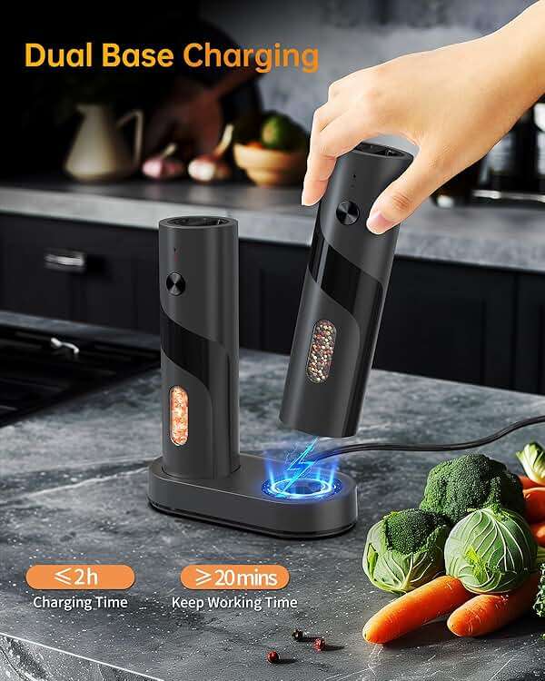CIRCLE JOY Electric Rechargeable Salt and Pepper Grinder Set Top-Refill Automatic Pepper Mill Grinder with Charging Base, Adjustable Coarseness, Easy Filling Larger Capacity with Led for Home Kitchen - Image 3