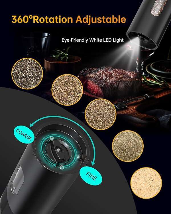 CIRCLE JOY Electric Rechargeable Salt and Pepper Grinder Set Top-Refill Automatic Pepper Mill Grinder with Charging Base, Adjustable Coarseness, Easy Filling Larger Capacity with Led for Home Kitchen - Image 4