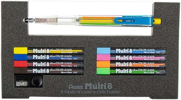 Pentel 8 Color Automatic Pencil Box Set, Assorted Accent Clip Colors, 8 Color Lead Refills and Sharpener (PH158-ST) - Image 3