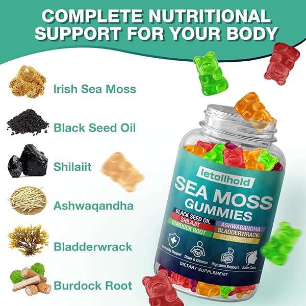 Sea Moss Gummies - Irish Sea Moss Gummies Advanced for Adults with Ashwagandha Bladderwrack & Burdock Root for Supports Immune，Energy - 60 Vegan Gummy,2PCS - Image 4