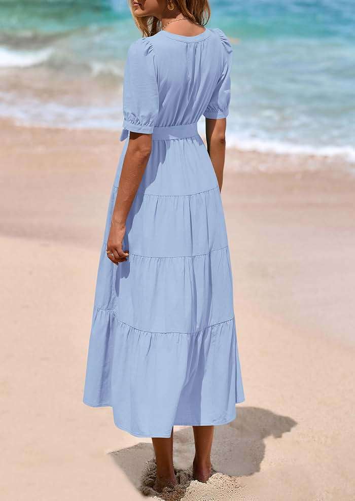 PRETTYGARDEN Summer Dresses for Women 2026 Elegant Classy Short Sleeve V Neck Ruffle A Line Belted Long Beach Vacation Dress - Image 2