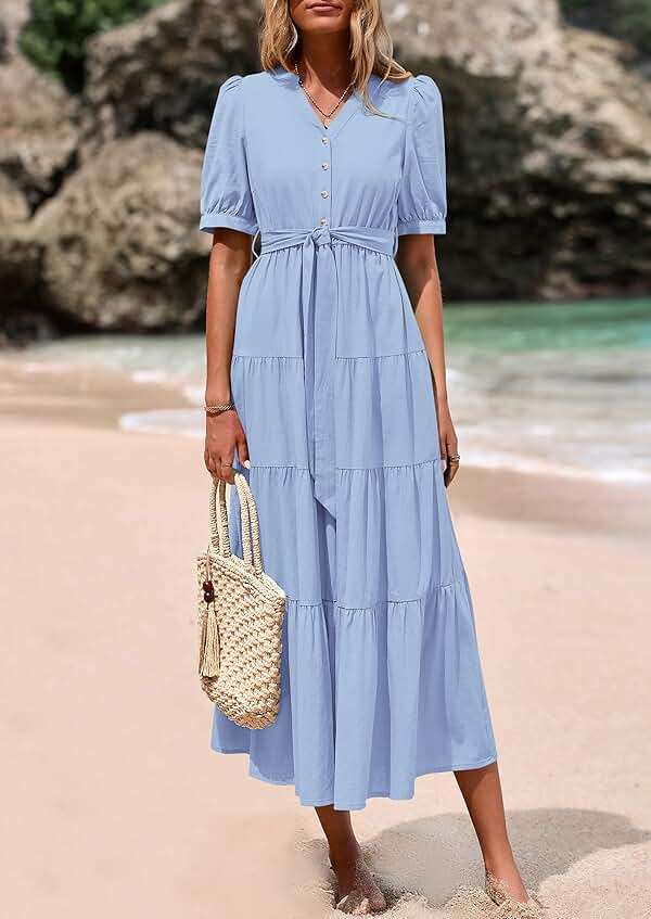 PRETTYGARDEN Summer Dresses for Women 2026 Elegant Classy Short Sleeve V Neck Ruffle A Line Belted Long Beach Vacation Dress - Image 3
