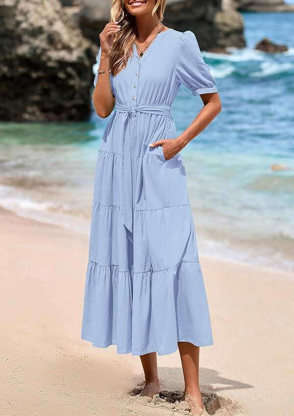 PRETTYGARDEN Summer Dresses for Women 2026 Elegant Classy Short Sleeve V Neck Ruffle A Line Belted Long Beach Vacation Dress - Image 4