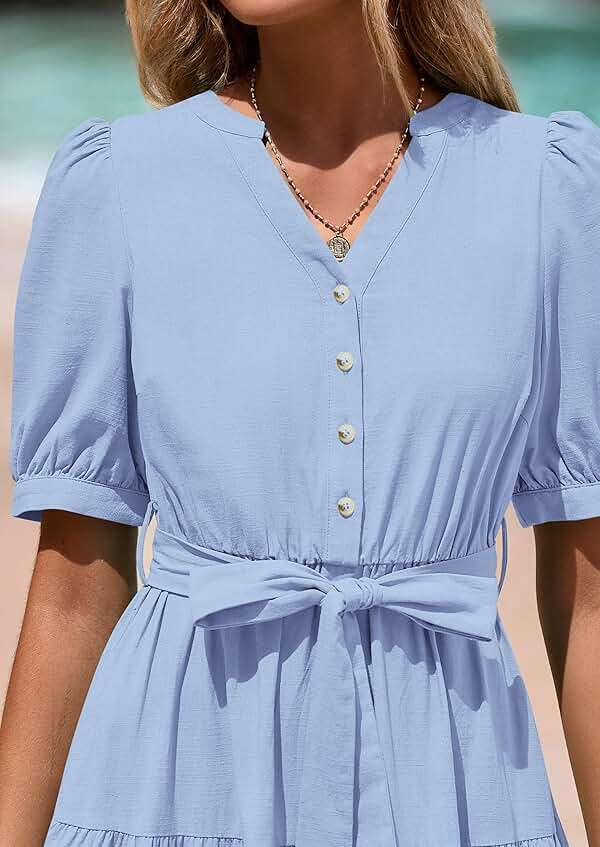PRETTYGARDEN Summer Dresses for Women 2026 Elegant Classy Short Sleeve V Neck Ruffle A Line Belted Long Beach Vacation Dress - Image 5