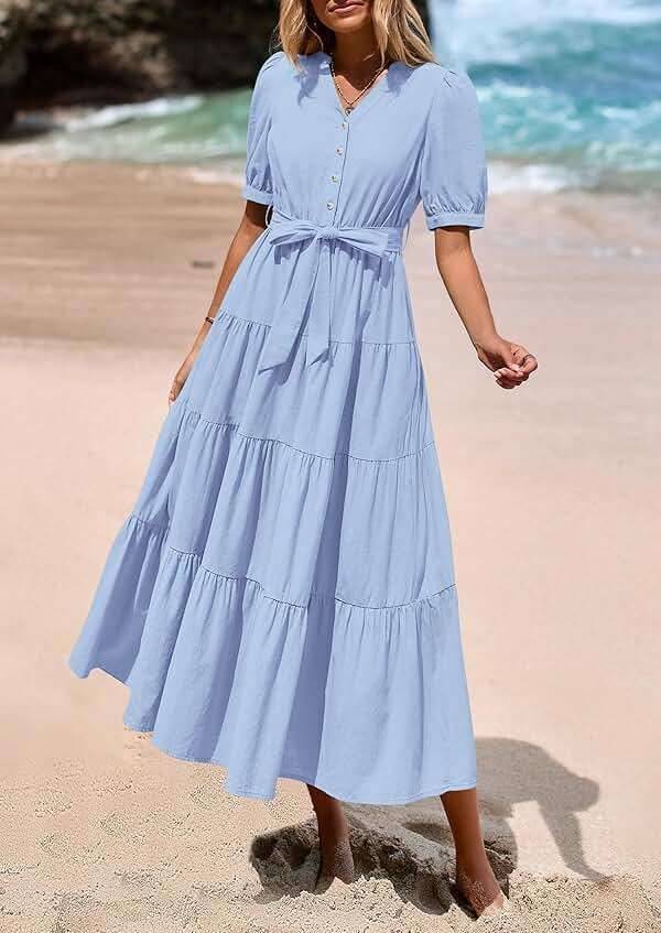 PRETTYGARDEN Summer Dresses for Women 2026 Elegant Classy Short Sleeve V Neck Ruffle A Line Belted Long Beach Vacation Dress - Image 6