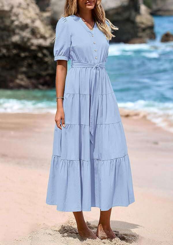 PRETTYGARDEN Summer Dresses for Women 2026 Elegant Classy Short Sleeve V Neck Ruffle A Line Belted Long Beach Vacation Dress - Image 7