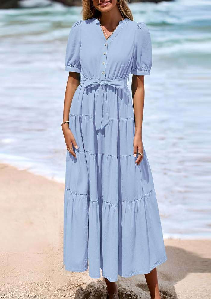 PRETTYGARDEN Summer Dresses for Women 2026 Elegant Classy Short Sleeve V Neck Ruffle A Line Belted Long Beach Vacation Dress - Image 8