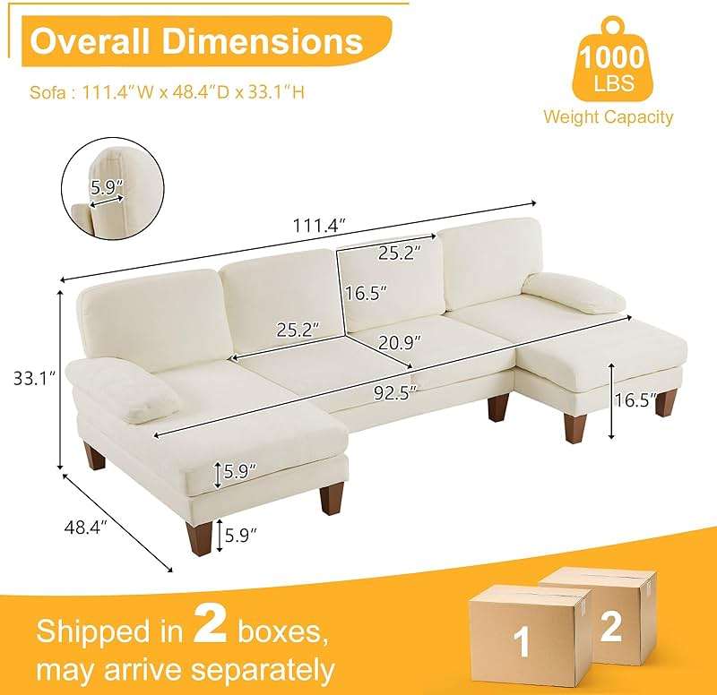 Karl home U-Shape Sectional Sofa Couch 111" Modern 4-Seat Sofa with Chaises Chenille Fabric Upholstered Covertible Couch with Wood Grain Legs for Living Room, Reception Room, Apartment, Beige - Image 2