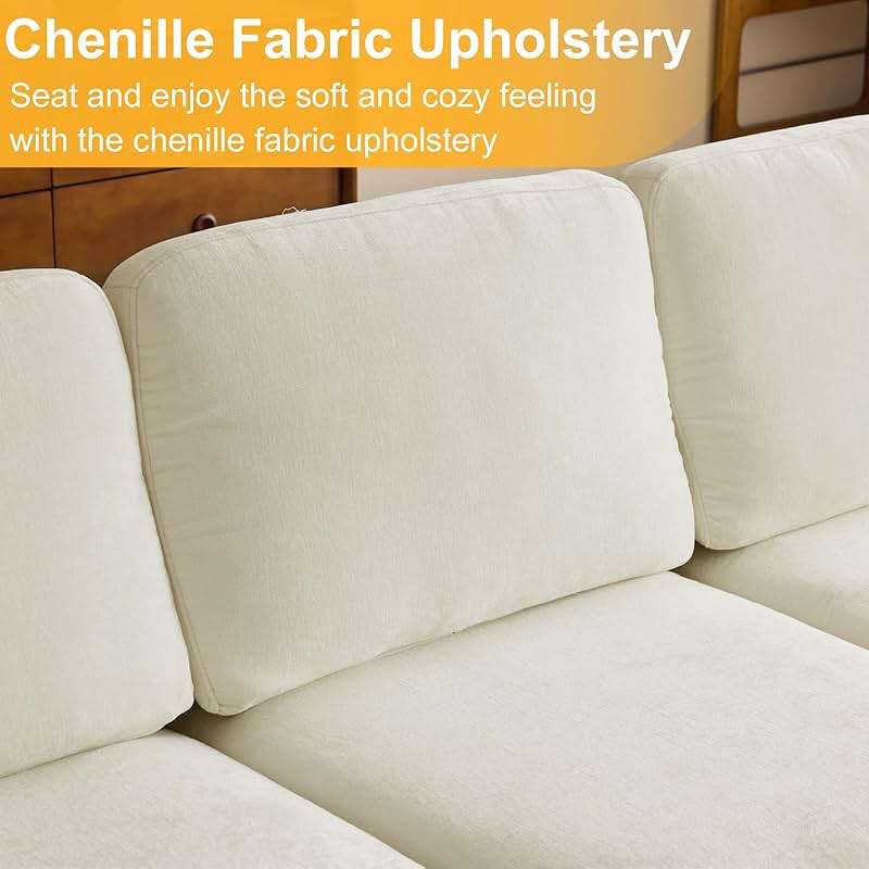 Karl home U-Shape Sectional Sofa Couch 111" Modern 4-Seat Sofa with Chaises Chenille Fabric Upholstered Covertible Couch with Wood Grain Legs for Living Room, Reception Room, Apartment, Beige - Image 3