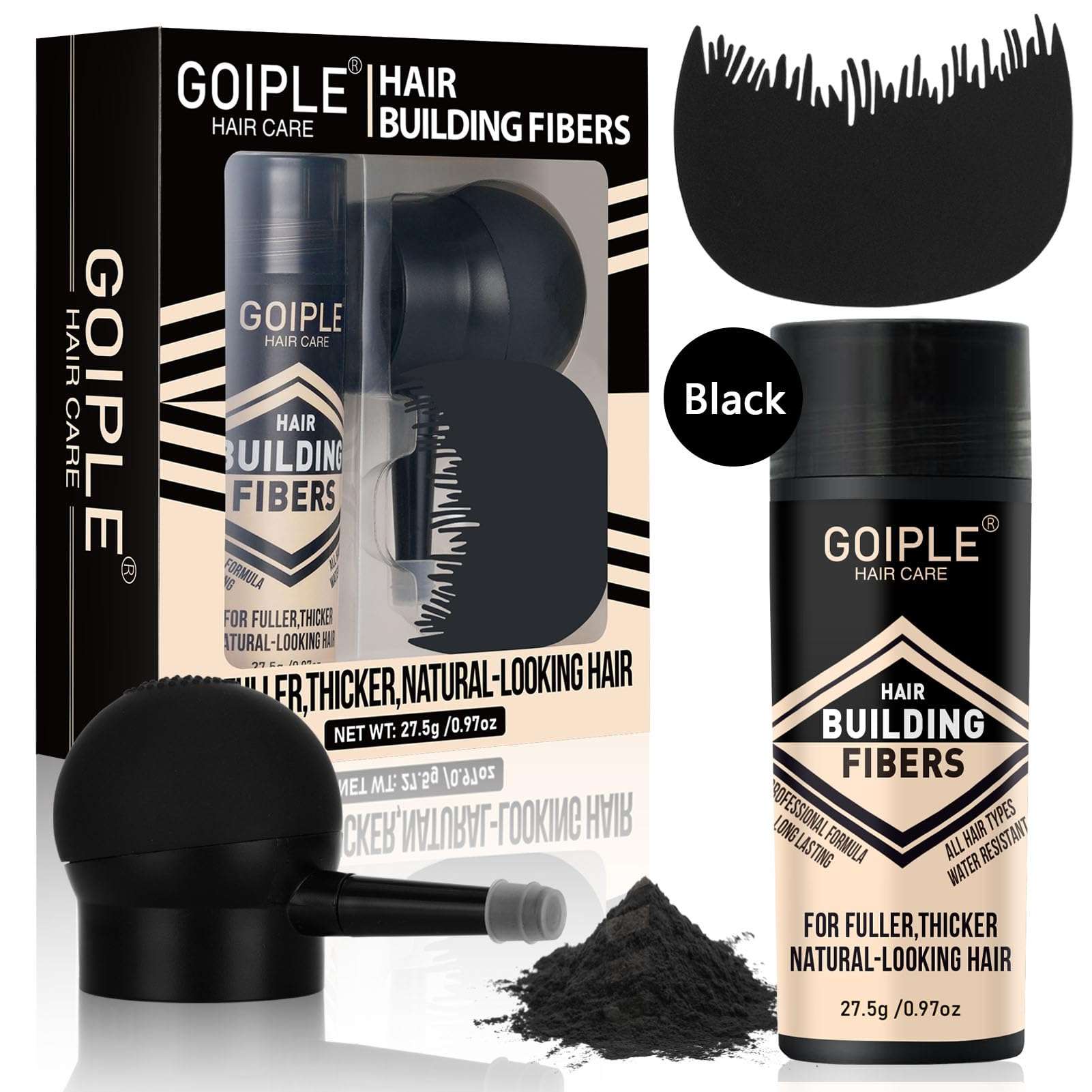 Hair Thickening Fibers & Pump Applicator Set Professional 3-in-1 Hair & Beard Styling Set - Hair Fibers Barber Enhancement Spray for Mens Hair or Beard - Hairline Enhancer & Volumizing Spray (Black) - Image 1