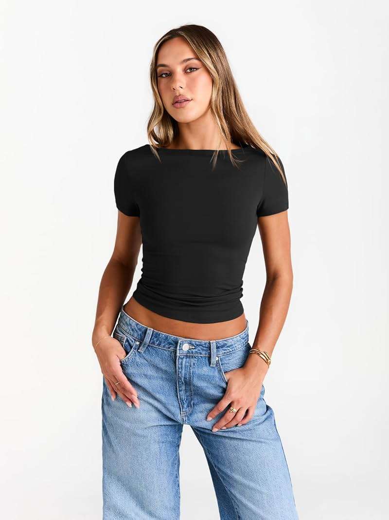 Trendy Queen Womens Boat Neck Short Sleeve T-Shirts Fitted Compression Basic Tops - Image 2