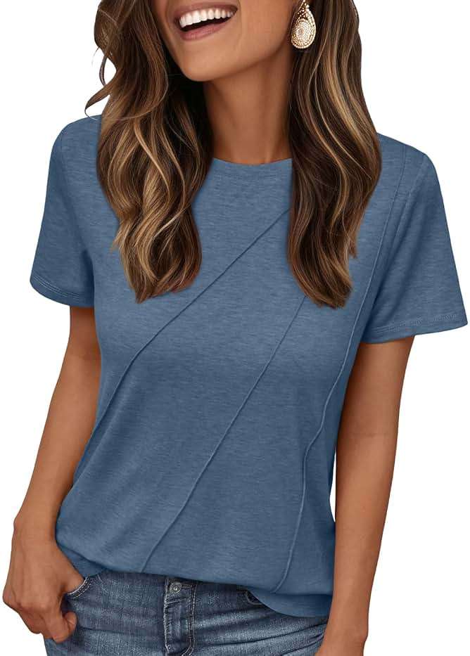 AUTOMET Women's Short Sleeve Tops – Soft & Comfortable Crewneck T-Shirts with Unique Diagonal Stitching, Summer Casual Wear - Image 1