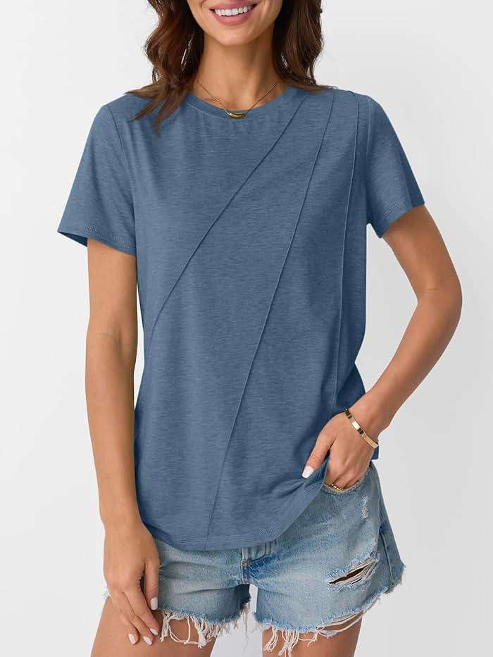 AUTOMET Women's Short Sleeve Tops – Soft & Comfortable Crewneck T-Shirts with Unique Diagonal Stitching, Summer Casual Wear - Image 2