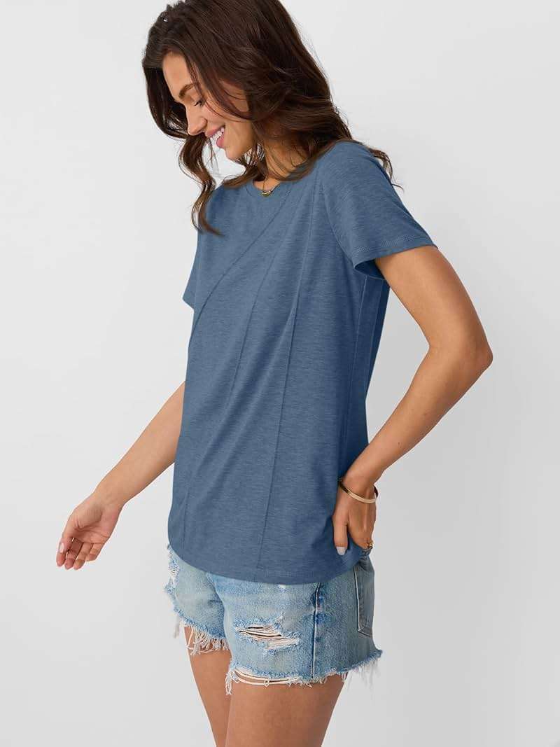 AUTOMET Women's Short Sleeve Tops – Soft & Comfortable Crewneck T-Shirts with Unique Diagonal Stitching, Summer Casual Wear - Image 3
