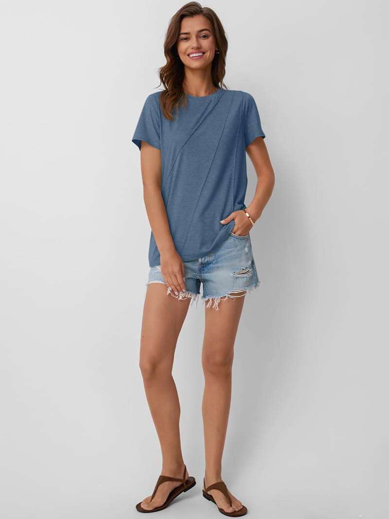 AUTOMET Women's Short Sleeve Tops – Soft & Comfortable Crewneck T-Shirts with Unique Diagonal Stitching, Summer Casual Wear - Image 5