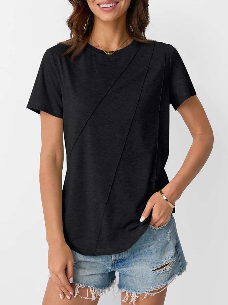 AUTOMET Women's Short Sleeve Tops – Soft & Comfortable Crewneck T-Shirts with Unique Diagonal Stitching, Summer Casual Wear - Image 2