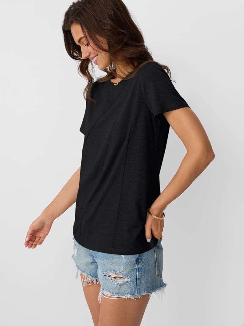 AUTOMET Women's Short Sleeve Tops – Soft & Comfortable Crewneck T-Shirts with Unique Diagonal Stitching, Summer Casual Wear - Image 3