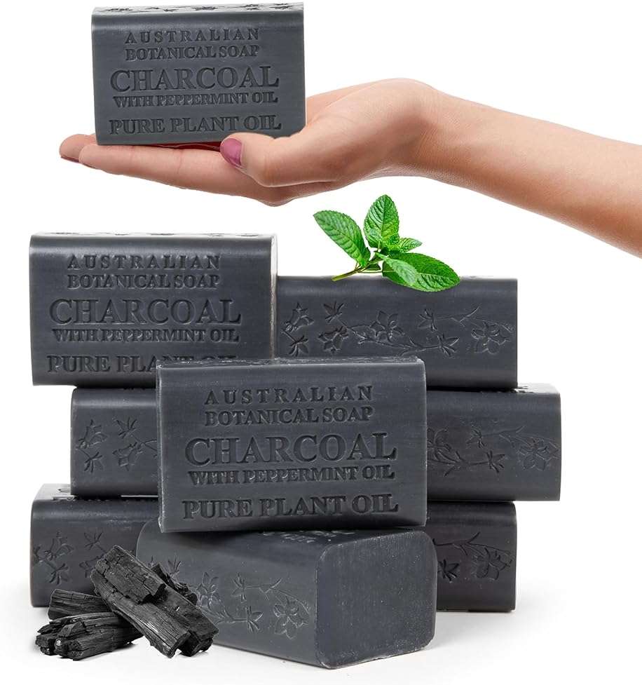Australian Botanical African Black Soap with Activated Charcoal and Peppermint Oil 6.6 oz, Pack of 8 Activated Charcoal Soap with Raw Organic Shea Butter, for All Skin Types - Image 1