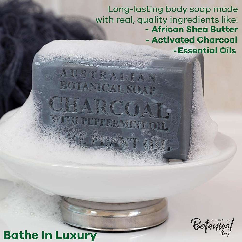 Australian Botanical African Black Soap with Activated Charcoal and Peppermint Oil 6.6 oz, Pack of 8 Activated Charcoal Soap with Raw Organic Shea Butter, for All Skin Types - Image 2