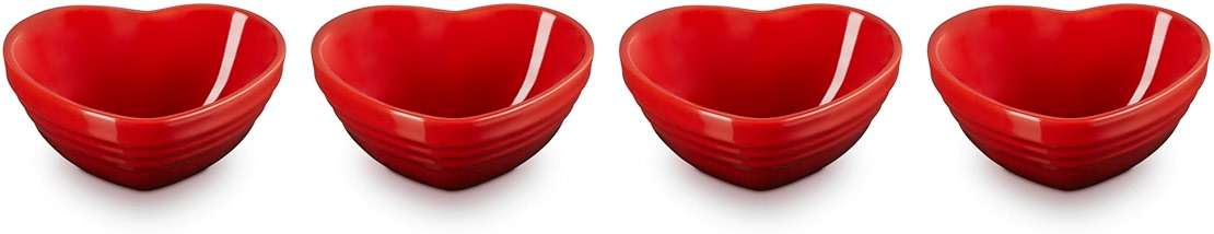 Le Creuset Stoneware Set Of 4 Mini Heart Pinch Bowl, Cerise - Image 1