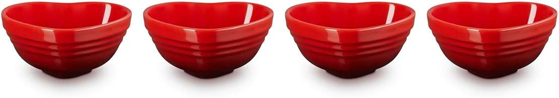 Le Creuset Stoneware Set Of 4 Mini Heart Pinch Bowl, Cerise - Image 3