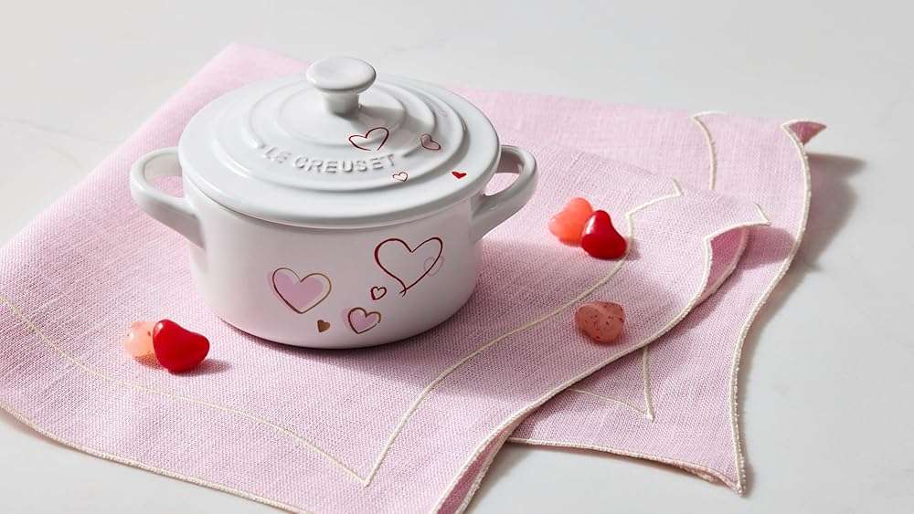 Le Creuset Mon Coeur Collection Stoneware Classic Round Mini Cocotte, 8 Oz., White with Hearts - Image 2