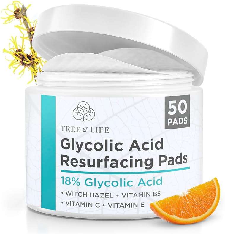 Tree of Life Beauty 18% Glycolic Acid Pads for Face (50 Pads) - Exfoliating Pad for Face with Witch Hazel, Vitamin C, Vitamin B5 and Vitamin E - Smooth Pore Pad Reduce Pigmentation and Fine Lines - Image 1