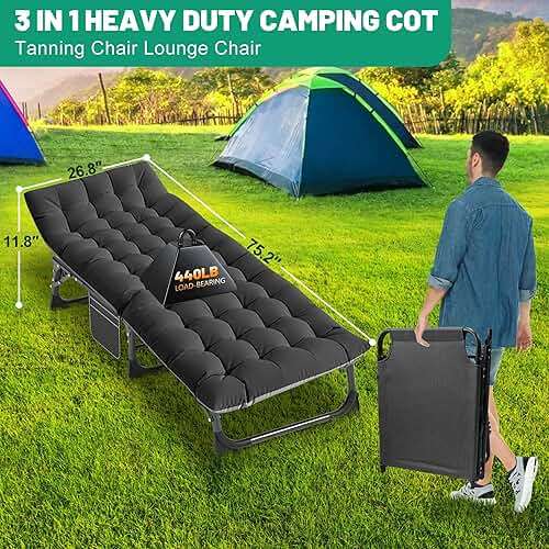 ABORON 3-in-1 Folding Lounge Chair with Padded Cushion, 440LB Heavy-Duty 3-Fold Adjustable Recliner & Guest Bed, No Assembly Portable Chaise Lounge for Patio, Poolside, Office Nap & Camping - Image 4