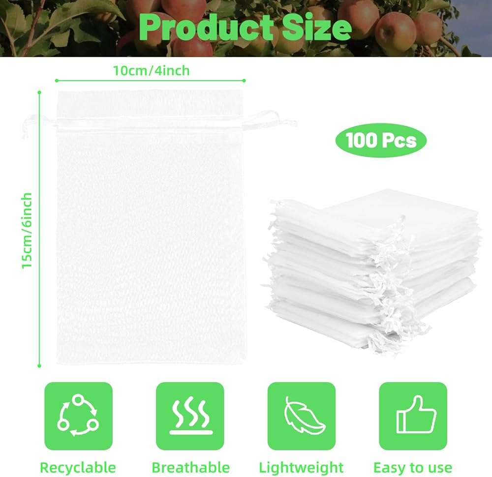 100Pcs Fruit Protection Bags, 4x6 Inch White Fruit Bags for Fruit Trees with Drawstring, Reusable Mesh Fruit Netting Cover Bags for Tomatoes, Strawberry, Vegetable - Image 2